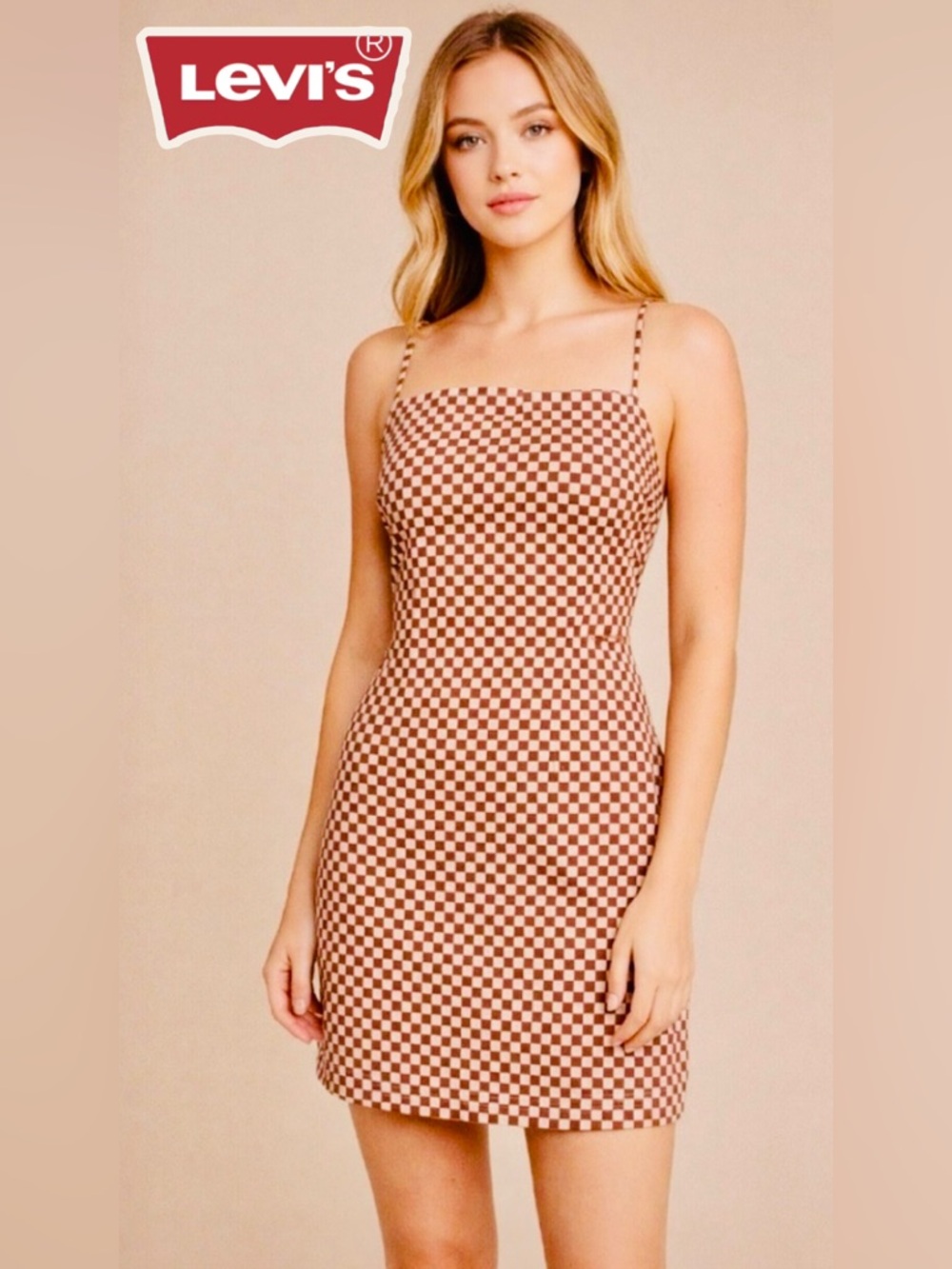 NWT Levi's Women's Danny Cotton Checker-Print Mini Dress Pink/Mahogany Small